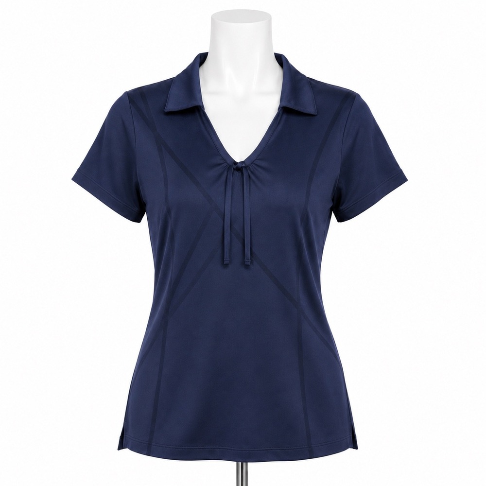 Nike Golf Polo Shirt Womens Small Navy Blue Dri-FIT V-Neck Tie Short Sleeve Top